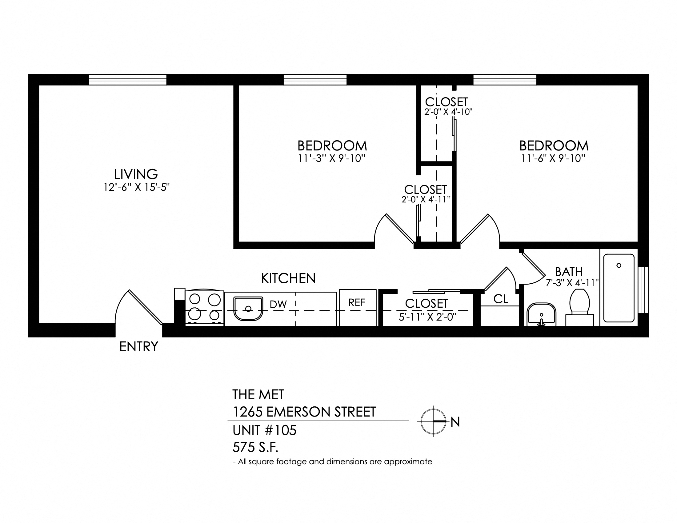 Floor plan for 2 beds, 1 bath, 600 sqft
